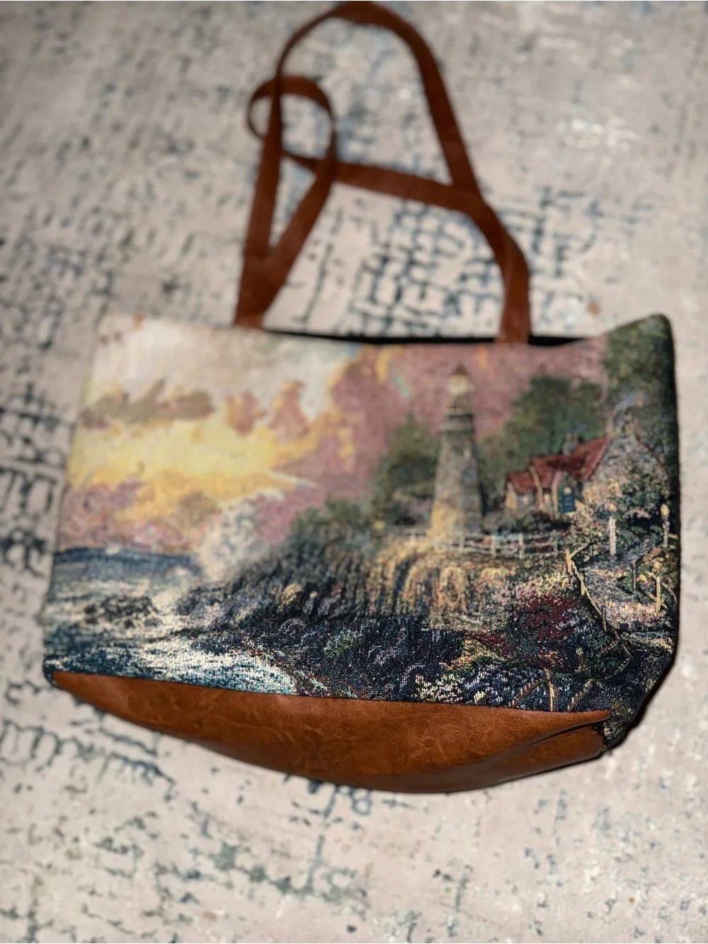 Scenic Lighthouse Tapestry Tote Bag with Brown Faux Leather Trim